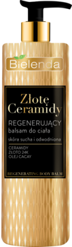 Złoty balsam Bielenda Złote Ceramidy z czarną pompką, regenerujący do suchej skóry, z 24K złotem, widok z przodu.