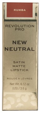Revolution Pro New Neutral Satin Matte Lipstick Rumba w beżowym pudełku z rudobrązową górą, widok z przodu.