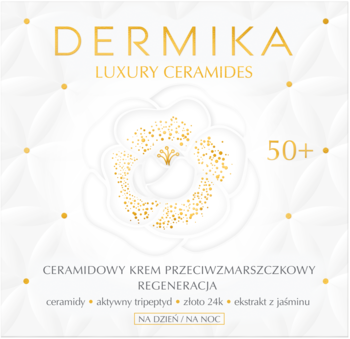 Dermika Luxury Ceramides 50+ krem przeciwzmarszczkowy w biało-złotym opakowaniu z kwiatowym wzorem, widok z przodu.