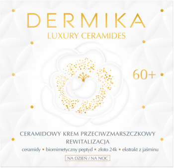 Dermika Luxury Ceramides 60+, rewitalizujący krem przeciwzmarszczkowy. Biało-złote opakowanie, ceramidy, złoto 24K.