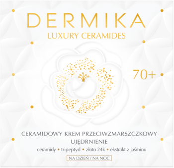 Dermika Luxury Ceramides 70+, krem przeciwzmarszczkowy ujędrniający, grafika z białym kwiatem i złotymi detalami.