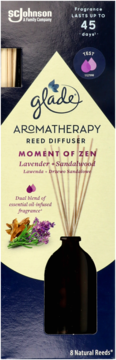 Front view of Glade Aromatherapy Reed Diffuser Moment of Zen Lavender Sandalwood in dark bottle and box.
