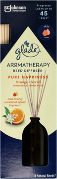 Glade Aromatherapy Reed Diffuser Pure Happiness Orange + Neroli, ciemne opakowanie z butelką i patyczkami, widok z przodu.