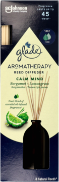 Glade Aromatherapy Reed Diffuser Calm Mind Bergamot+Lemongrass in dark blue box, front view with reeds.