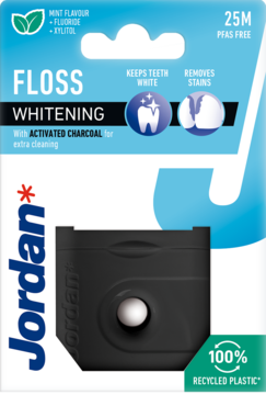 Nić dentystyczna Jordan Whitening 25m, z węglem aktywnym i miętą, w recyklingu, widok przód.