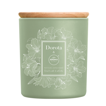 Jasnozielona świeca Dorota & AROMA HOME Tymianek z oliwką, matowy słoik z drewnianą pokrywką, widok z przodu.