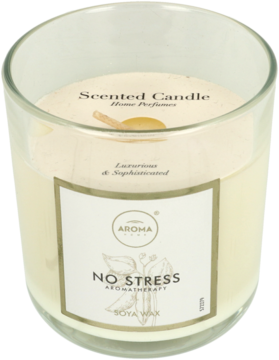 Świeczka sojowa No Stress Aroma Home w przezroczystym szklanym słoiku z jasnym woskiem, drewnianym knotem, widok z góry.