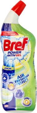 Bref Power Aktiv Gel Lemon, żel do czyszczenia WC, biała butelka z czerwoną zakrętką, widok z przodu.