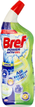 Bref Power Aktiv Gel Lemon, żel do czyszczenia WC, biała butelka z czerwoną zakrętką, widok z przodu.