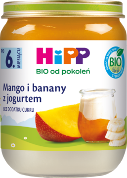 HiPP słoiczek BIO z puree mango, banan i jogurt, od 6. miesiąca, bez cukru, widok z przodu.