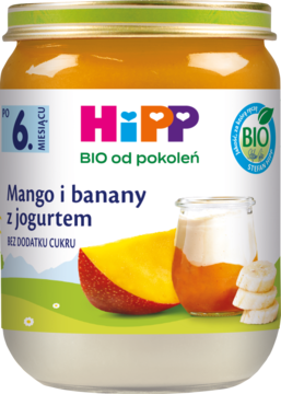 HiPP słoiczek BIO z puree mango, banan i jogurt, od 6. miesiąca, bez cukru, widok z przodu.