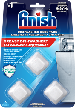 Finish Dishwasher Care Tabs, 3 białe tabletki do higienicznego czyszczenia zmywarki w niebieskim opakowaniu.