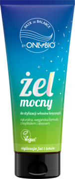 Wegański żel OnlyBio Hair in Balance, tubka turkusowo-zielona, do stylizacji włosów kręconych, widok z przodu.