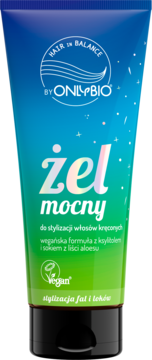 OnlyBio Hair in Balance żel mocny do stylizacji włosów kręconych, niebiesko-zielona tuba z czarną nakrętką, widok z przodu.
