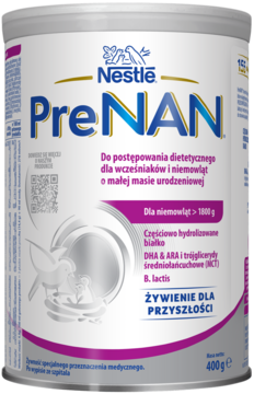 Puszka Nestle PreNAN 400g, mleko dla wcześniaków, biało-fioletowa, z detalami o hydrolizowanym białku, widok z przodu.