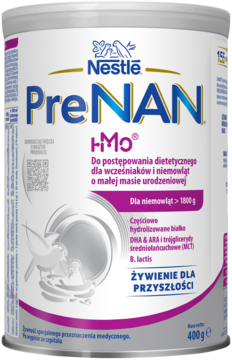 Biała puszka Nestlé PreNAN HMO, preparat dla wcześniaków >1800g z grafiką ptaków. Widok z przodu.
