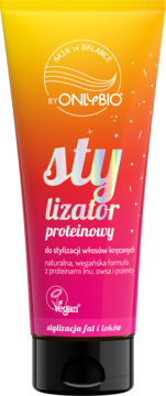 OnlyBio Hair in Balance, proteinowy stylizator do loków, pomarańczowo-różowa tubka z czarną nakrętką.