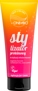 OnlyBio Hair in Balance stylizator proteinowy do włosów kręconych, żółto-różowa tubka, wegański skład, widok z przodu.