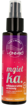 OnlyBio Hair in Balance mgiełka unosząca włosy, gradientowa butelka fioletowo-różowa z atomizerem, widok z przodu.
