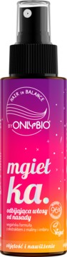 ONLYBIO Hair in Balance mgiełka odbijająca włosy od nasady, fioletowo-różowa butelka z pompką.
