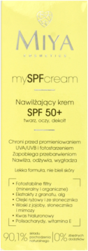 Miya mySPFcream SPF 50+ krem nawilżający, żółte opakowanie z przodu, srebrne napisy.