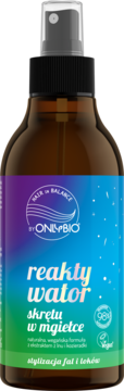 Reaktywator skrętu w mgiełce OnlyBio Hair in Balance w brązowej butelce ze sprayem, z gradientową etykietą, widok z przodu.