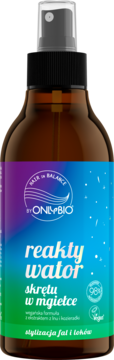 OnlyBio Hair in Balance Reaktywator skrętu w mgiełce, brązowa butelka z atomizerem i gradientową etykietą, widok z przodu.