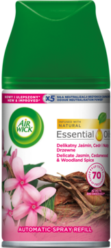 Air Wick Essential Oils wkład do odświeżacza, jaśmin, cedr, drewno, grafika kwiatów i kory.