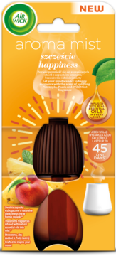 Air Wick Aroma Mist szczęście, zapach ananasa i brzoskwini, wkład do dyfuzora na 45 dni, przód opakowania.
