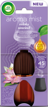 Air Wick Aroma Mist relaks unwind, fioletowe opakowanie. Widok z przodu, dyfuzor, kwiaty lotosu i herbaty, info 45 dni.