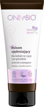 OnlyBio Lovely Mommy balsam ujędrniający w białej tubce, widok z przodu, dla kobiet w ciąży na rozstępy.