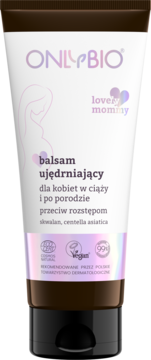 OnlyBio Lovely Mommy balsam ujędrniający w białej tubce, widok z przodu, dla kobiet w ciąży na rozstępy.