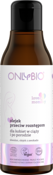 OnlyBio olejek przeciw rozstępom dla ciężarnych z awokado, brązowa butelka z białym labellem, widok z przodu.