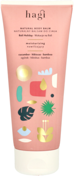 Hagi Natural Body Balm Bali Holiday, różowa tubka z egzotycznym wzorem, nawilżający, widok z przodu.