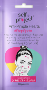 Purple Selfie project Anti-Pimple Hearts pouch, front view. Contains Niacinamide & White Willow Extract to stop spots.