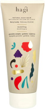 Hagi Berry Lovely Balsam do Ciała modelujący, kremowa tuba z barwnymi owocowymi ilustracjami.