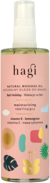 Hagi Bali Holiday natural massage oil, moisturising, with vitamin E and lemongrass, pink bottle, front view.