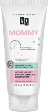 Biała tuba hipoalergicznego balsamu AA Mommy przeciw rozstępom, z różowymi i turkusowymi akcentami, widok z przodu.