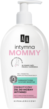 Biały żel do higieny intymnej AA Intymna Mommy z pompką, widok z przodu, różowy i czarny napis.