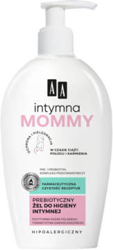 Biały żel do higieny intymnej AA Intymna Mommy z pompką, widok z przodu, różowy i czarny napis.