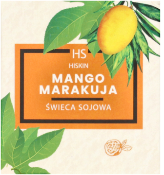 Sojowa świeca HS Hiskin Mango Marakuja w pomarańczowym opakowaniu z liśćmi i owocami, widok z przodu.
