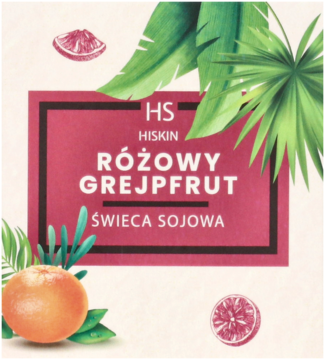HS Hiskin Świeca sojowa Różowy Grejpfrut: ciemnoróżowa etykieta z napisami, zielone liście palmowe i owoce cytrusowe.