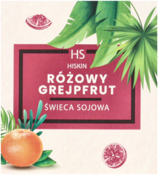 HS Hiskin Świeca sojowa Różowy Grejpfrut: ciemnoróżowa etykieta z napisami, zielone liście palmowe i owoce cytrusowe.