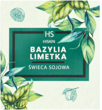 Zielona etykieta świecy sojowej HISKIN o zapachu Bazylii i Limonki, z ilustracjami liści bazylii i limonki.