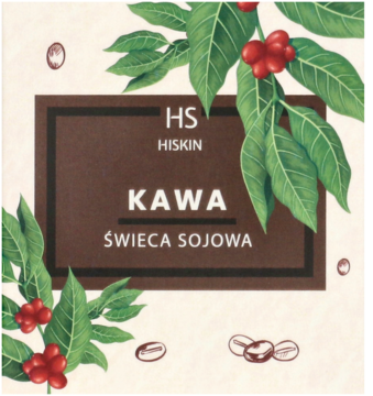 Etykieta sojowej świecy HISKIN o zapachu kawy. Brązowe tło, zielone liście, czerwone owoce.