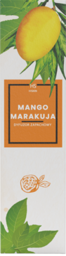 Białe pudełko dyfuzora zapachowego HS Mango Marakuja z grafiką mango i marakui, widok z przodu.