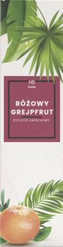 Opakowanie dyfuzora zapachowego Różowy Grejpfrut: białe, z liśćmi palmowymi, owocem i różową etykietą.