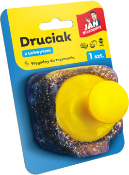 Druciak spiralny Jan Niezbędny z żółtym uchwytem, w żółto-niebieskim blistrze, widok z przodu.
