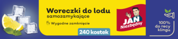 Woreczki do lodu samozamykające Jan Niezbędny, 240 kostek. Reklama na żółto-niebieskim tle z kostkami lodu i cytryną.
