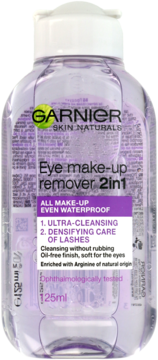 Garnier Skin Naturals 2in1 płyn do demakijażu oczu w przezroczystej butelce z fioletową etykietą, widok z przodu.